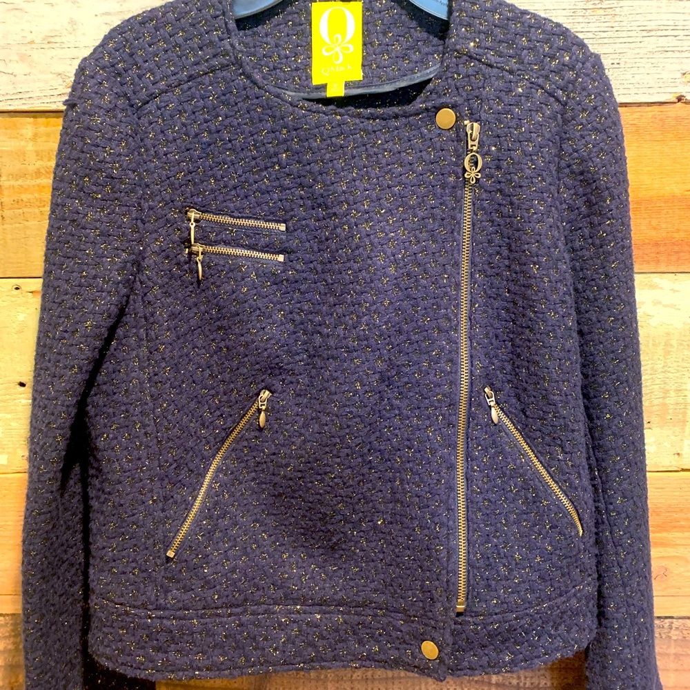 QMack Navy and metallic woven thread houndstooth moto jacket